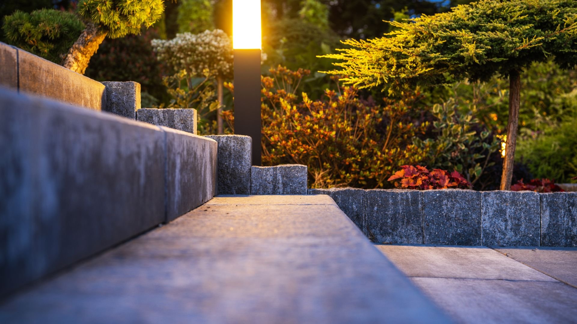 Stone steps in garden with warm sunlight and colorful autumn plants