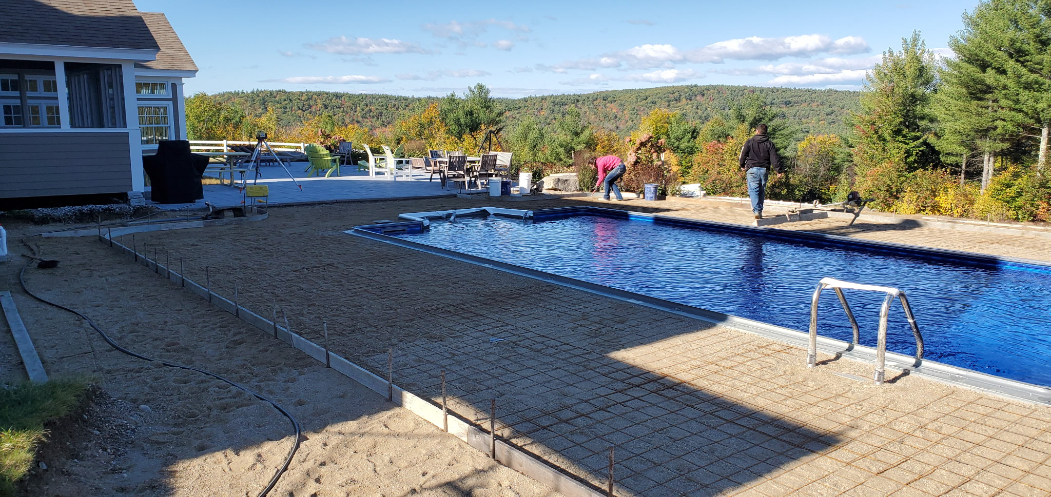 Large pool deck with stamped concrete finish — Farmington, NH